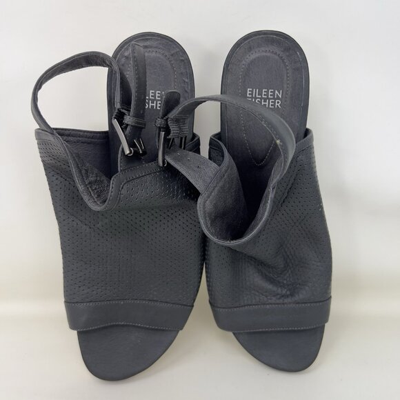 Eileen Fisher Snug Stretch Peep Toe Leather Bootie Sandals Black Women’s Size 8 - Picture 5 of 8